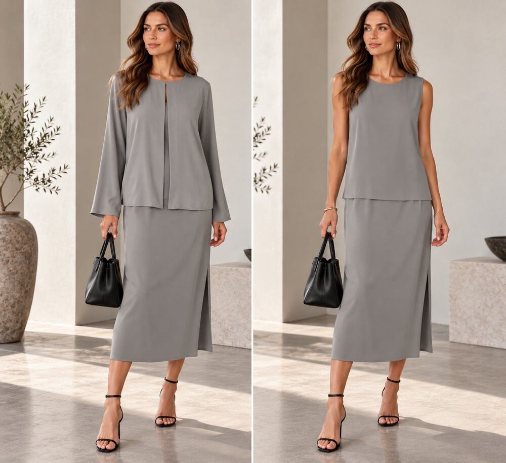 Eileen Fisher 3 Piece Skirt Set 100% Silk Jaket Top Wrap Midi Skirt Size L/PL
